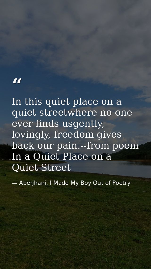 In this quiet place on a quiet streetwhere no one ever finds usgently, lovingly, freedom gives back our pain.--from poem — Aberjhani, I Made My Boy Out of Poetry