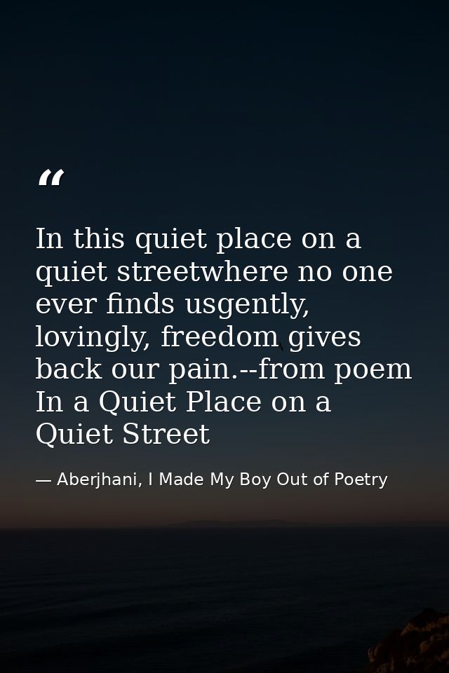 In this quiet place on a quiet streetwhere no one ever finds usgently, lovingly, freedom gives back our pain.--from poem — Aberjhani, I Made My Boy Out of Poetry