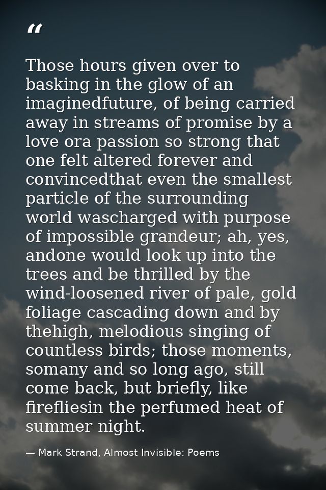 Those hours given over to basking in the glow of an imaginedfuture, of being carried away in streams of promise by a lov — Mark Strand, Almost Invisible: Poems