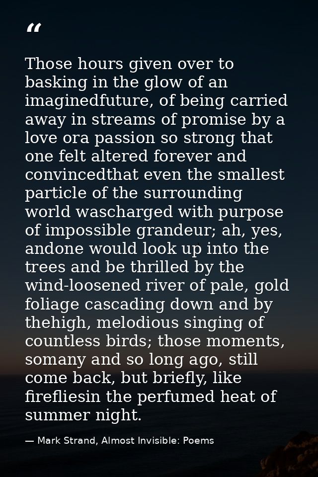 Those hours given over to basking in the glow of an imaginedfuture, of being carried away in streams of promise by a lov — Mark Strand, Almost Invisible: Poems