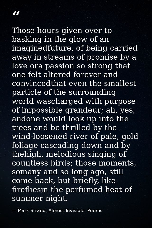 Those hours given over to basking in the glow of an imaginedfuture, of being carried away in streams of promise by a lov — Mark Strand, Almost Invisible: Poems