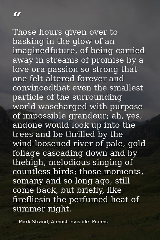 Those hours given over to basking in the glow of an imaginedfuture, of being carried away in streams of promise by a lov — Mark Strand, Almost Invisible: Poems