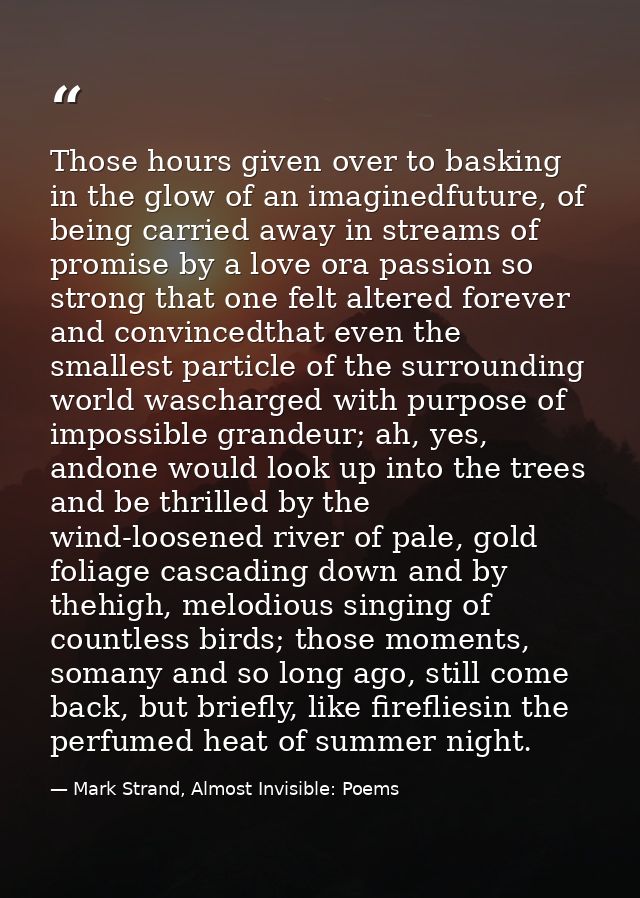 Those hours given over to basking in the glow of an imaginedfuture, of being carried away in streams of promise by a lov — Mark Strand, Almost Invisible: Poems