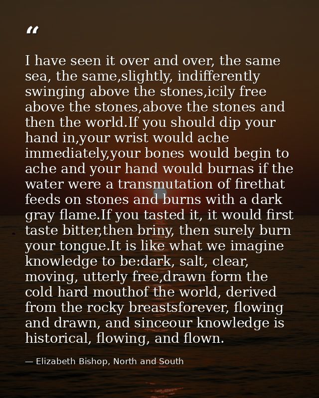 I have seen it over and over, the same sea, the same,slightly, indifferently swinging above the stones,icily free above  — Elizabeth Bishop, North and South
