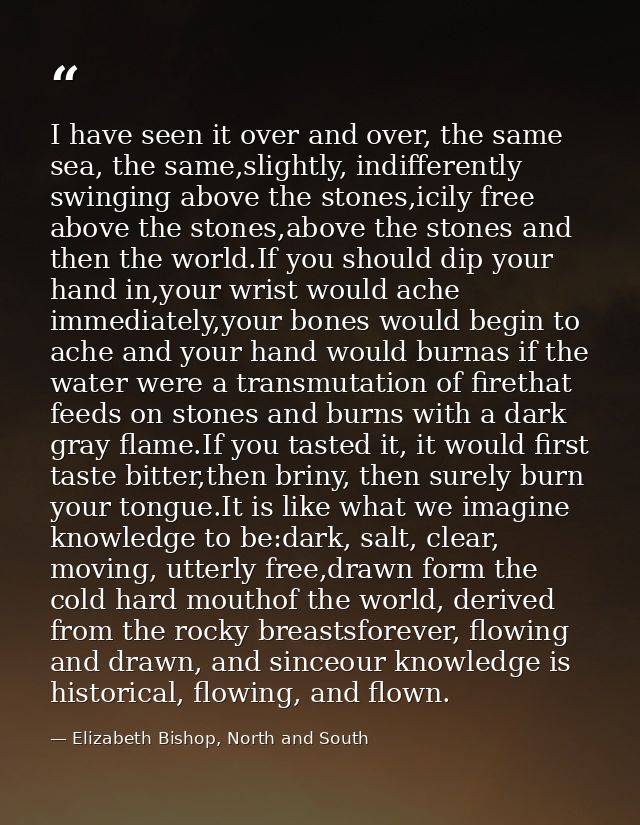 I have seen it over and over, the same sea, the same,slightly, indifferently swinging above the stones,icily free above  — Elizabeth Bishop, North and South