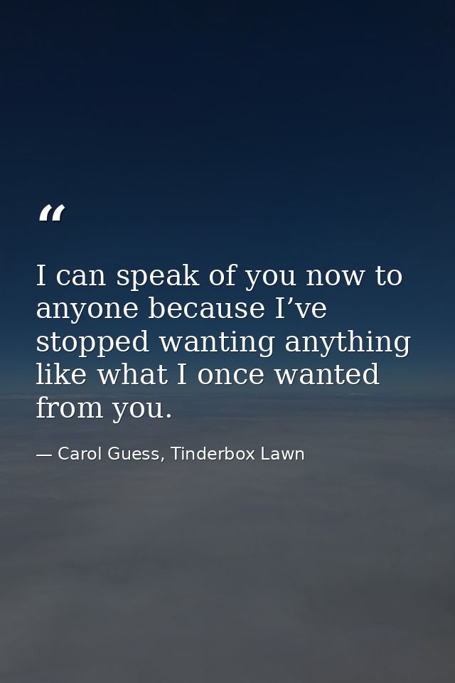 I can speak of you now to anyone because I’ve stopped wanting anything like what I once wanted from you. — Carol Guess, Tinderbox Lawn