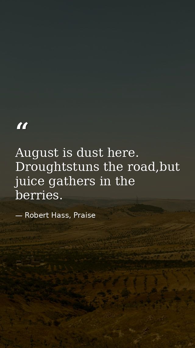 August is dust here. Droughtstuns the road,but juice gathers in the berries. — Robert Hass, Praise