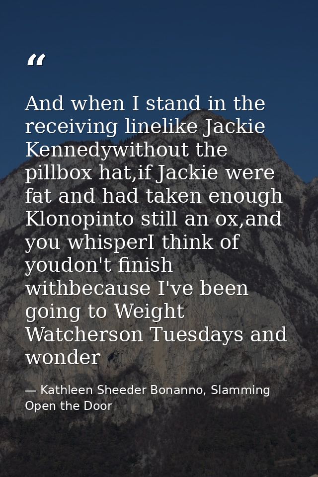 And when I stand in the receiving linelike Jackie Kennedywithout the pillbox hat,if Jackie were fat and had taken enough — Kathleen Sheeder Bonanno, Slamming Open the Door