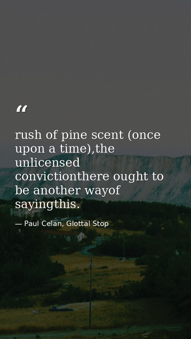 rush of pine scent (once upon a time),the unlicensed convictionthere ought to be another wayof sayingthis. — Paul Celan, Glottal Stop