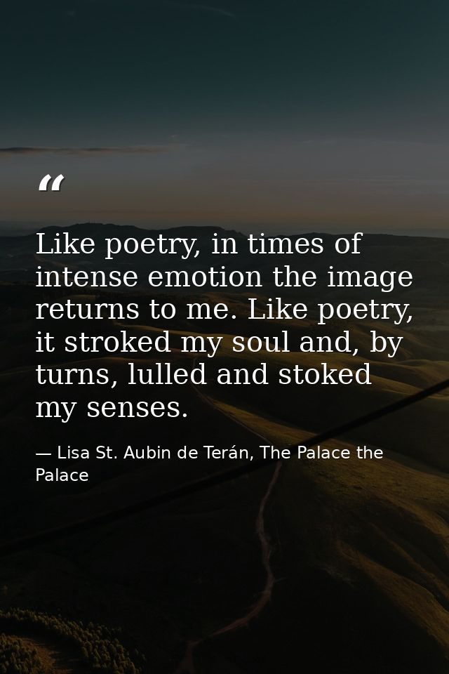 Like poetry, in times of intense emotion the image returns to me. Like poetry, it stroked my soul and, by turns, lulled  — Lisa St. Aubin de Terán, The Palace the Palace