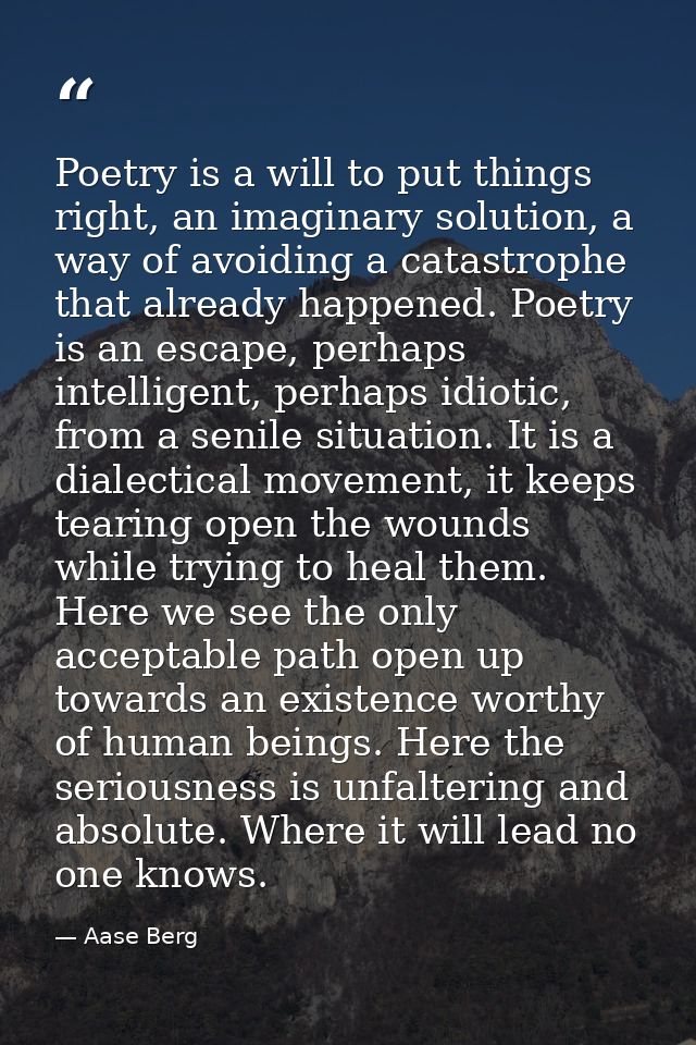 Poetry is a will to put things right, an imaginary solution, a way of avoiding a catastrophe that already happened. Poet — Aase Berg