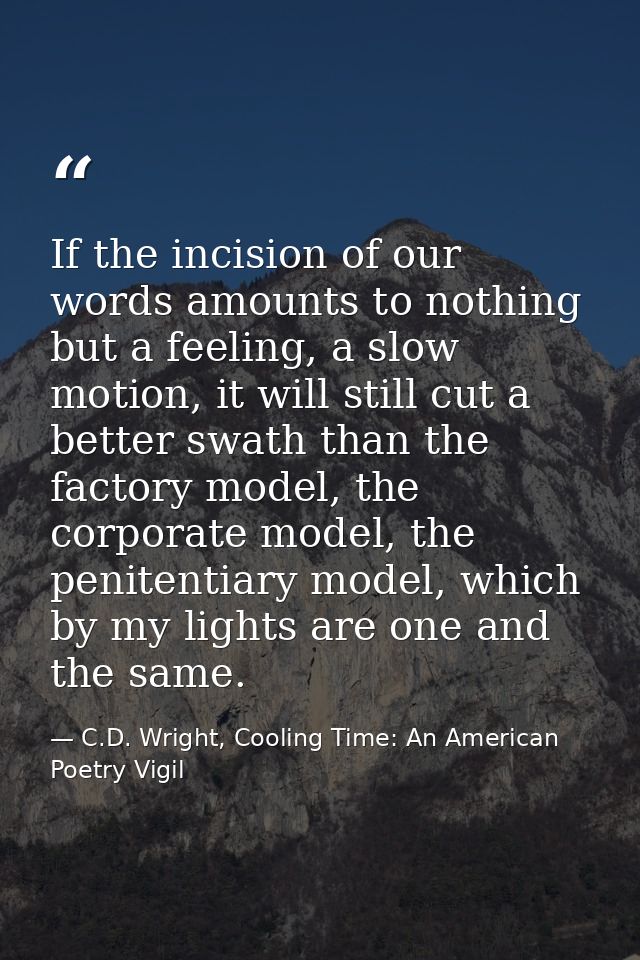 If the incision of our words amounts to nothing but a feeling, a slow motion, it will still cut a better swath than the  — C.D. Wright, Cooling Time: An American Poetry Vigil