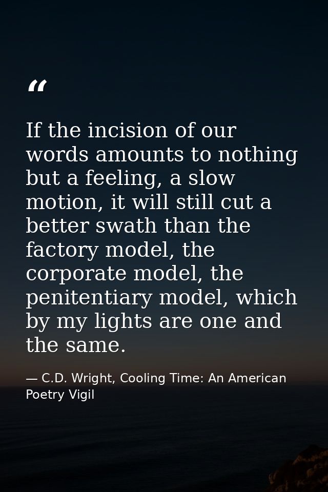 If the incision of our words amounts to nothing but a feeling, a slow motion, it will still cut a better swath than the  — C.D. Wright, Cooling Time: An American Poetry Vigil