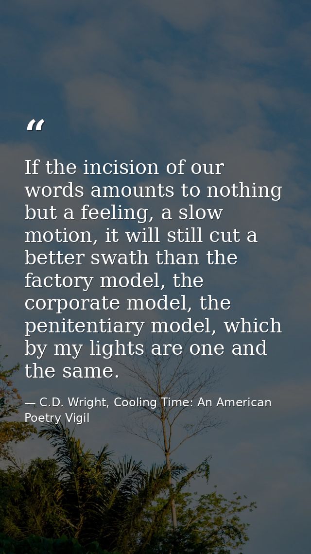 If the incision of our words amounts to nothing but a feeling, a slow motion, it will still cut a better swath than the  — C.D. Wright, Cooling Time: An American Poetry Vigil