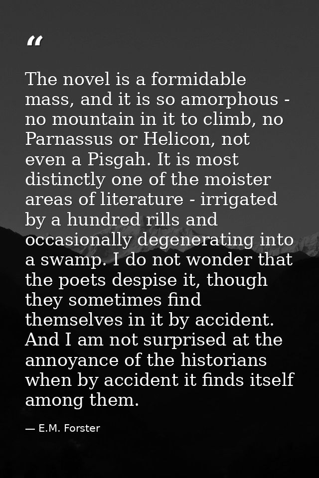 The novel is a formidable mass, and it is so amorphous - no mountain in it to climb, no Parnassus or Helicon, not even a — E.M. Forster