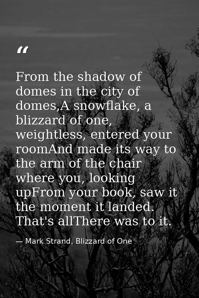 From the shadow of domes in the city of domes,A snowflake, a blizzard of one, weightless, entered your roomAnd made its  — Mark Strand, Blizzard of One