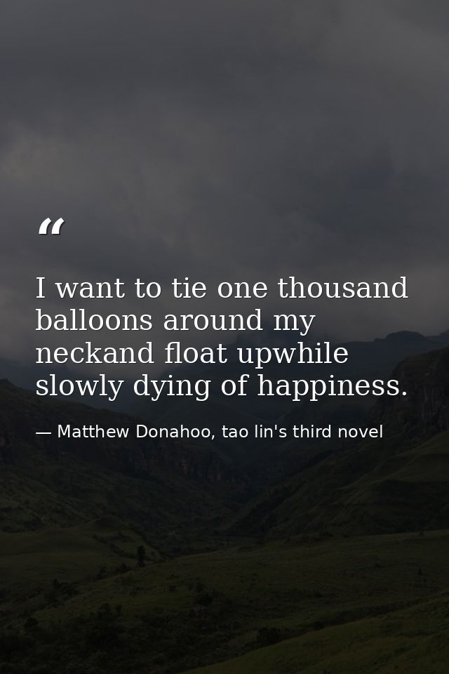 I want to tie one thousand balloons around my neckand float upwhile slowly dying of happiness. — Matthew Donahoo, tao lin's third novel