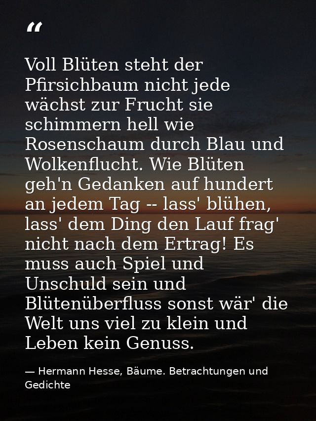 Voll Blüten steht der Pfirsichbaum nicht jede wächst zur Frucht sie schimmern hell wie Rosenschaum durch Blau und Wolken — Hermann Hesse, Bäume. Betrachtungen und Gedichte