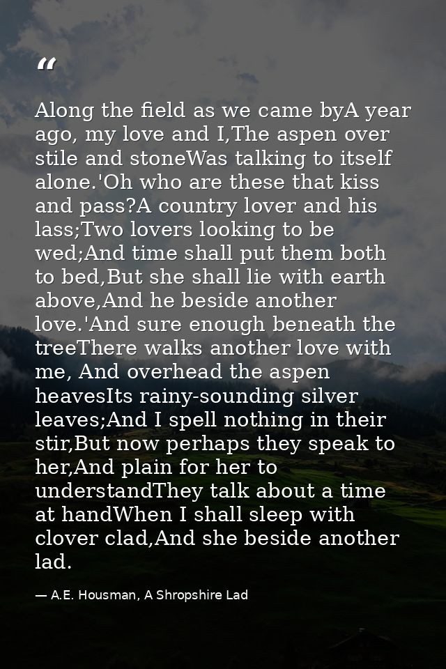 Along the field as we came byA year ago, my love and I,The aspen over stile and stoneWas talking to itself alone.'Oh who — A.E. Housman, A Shropshire Lad