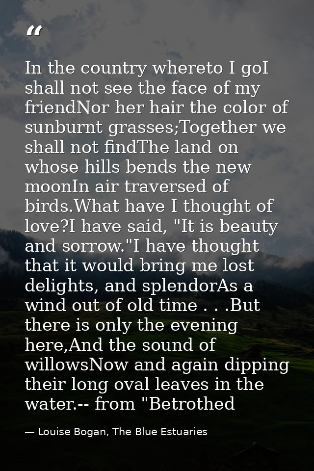 In the country whereto I goI shall not see the face of my friendNor her hair the color of sunburnt grasses;Together we s — Louise Bogan, The Blue Estuaries