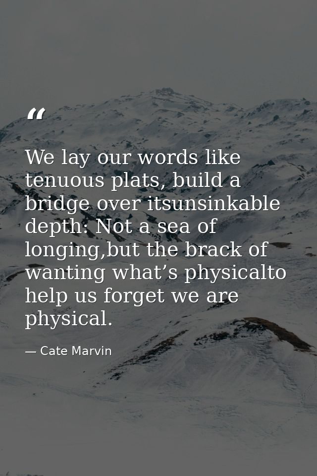 We lay our words like tenuous plats, build a bridge over itsunsinkable depth: Not a sea of longing,but the brack of want — Cate Marvin