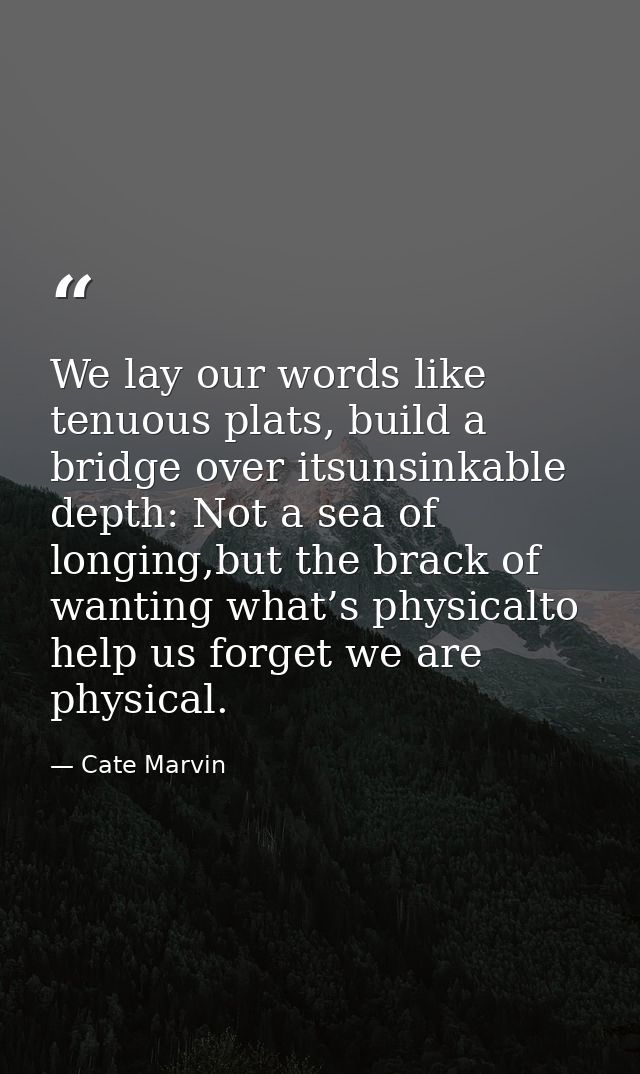 We lay our words like tenuous plats, build a bridge over itsunsinkable depth: Not a sea of longing,but the brack of want — Cate Marvin
