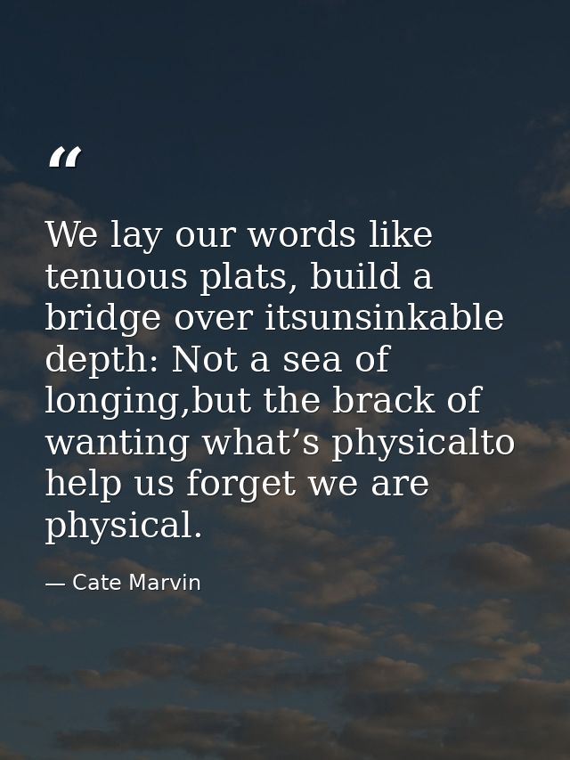 We lay our words like tenuous plats, build a bridge over itsunsinkable depth: Not a sea of longing,but the brack of want — Cate Marvin