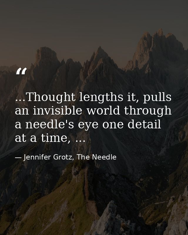 ...Thought lengths it, pulls an invisible world through a needle's eye one detail at a time, ... — Jennifer Grotz, The Needle