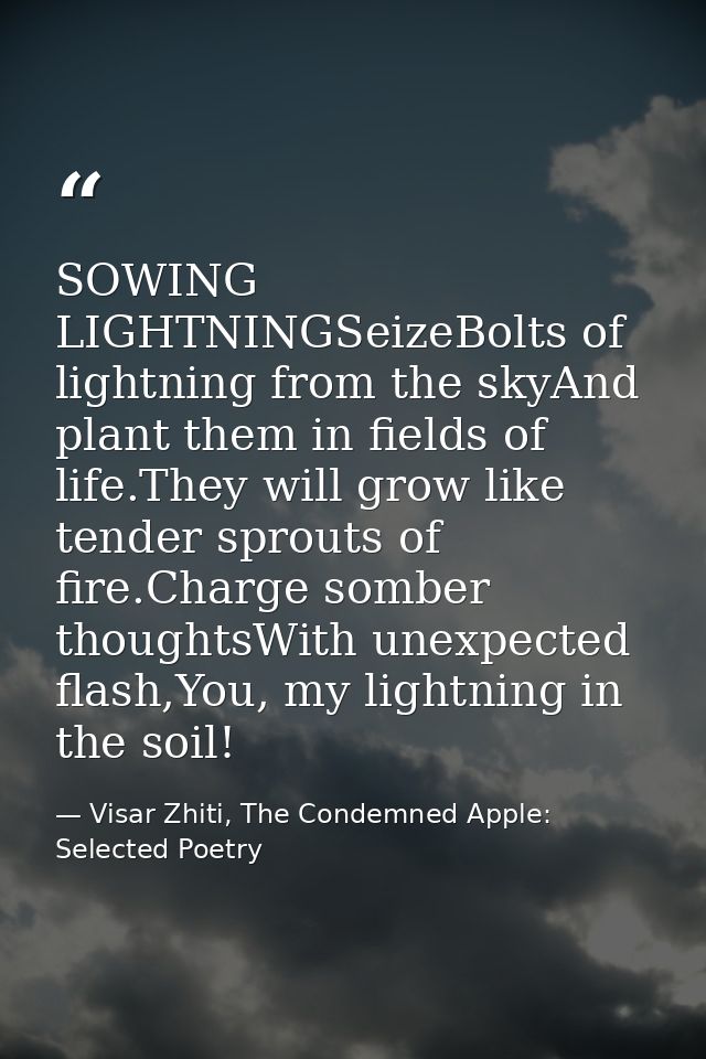 SOWING LIGHTNINGSeizeBolts of lightning from the skyAnd plant them in fields of life.They will grow like tender sprouts  — Visar Zhiti, The Condemned Apple: Selected Poetry