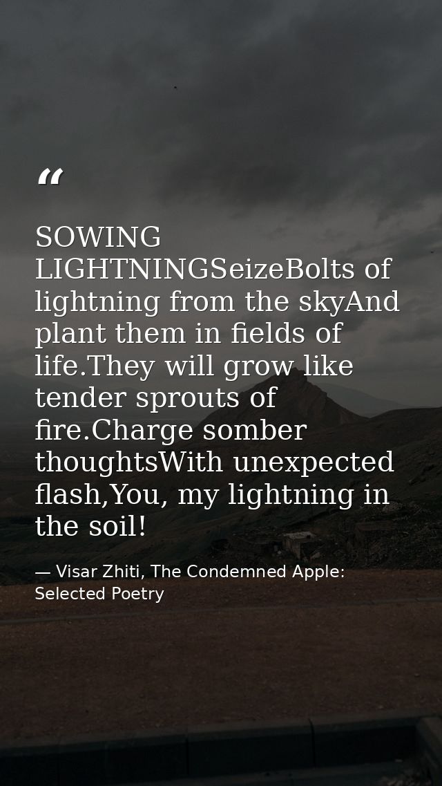 SOWING LIGHTNINGSeizeBolts of lightning from the skyAnd plant them in fields of life.They will grow like tender sprouts  — Visar Zhiti, The Condemned Apple: Selected Poetry