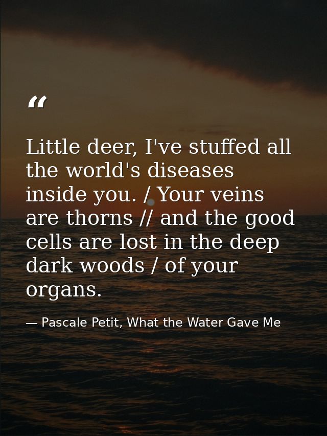 Little deer, I've stuffed all the world's diseases inside you. / Your veins are thorns // and the good cells are lost in — Pascale Petit, What the Water Gave Me