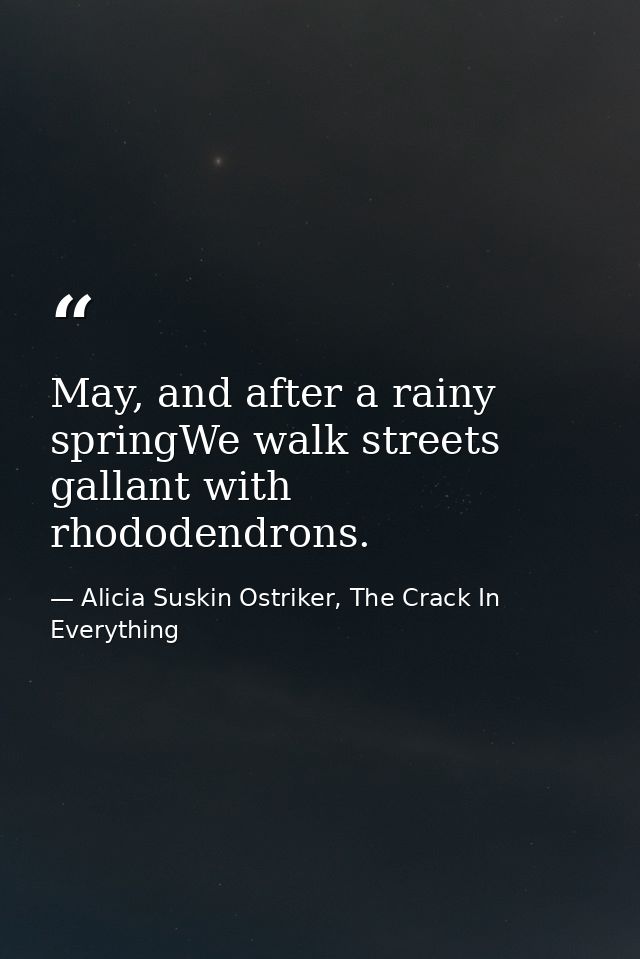 May, and after a rainy springWe walk streets gallant with rhododendrons. — Alicia Suskin Ostriker, The Crack In Everything