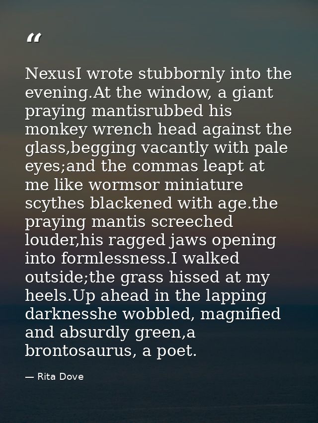 NexusI wrote stubbornly into the evening.At the window, a giant praying mantisrubbed his monkey wrench head against the  — Rita Dove