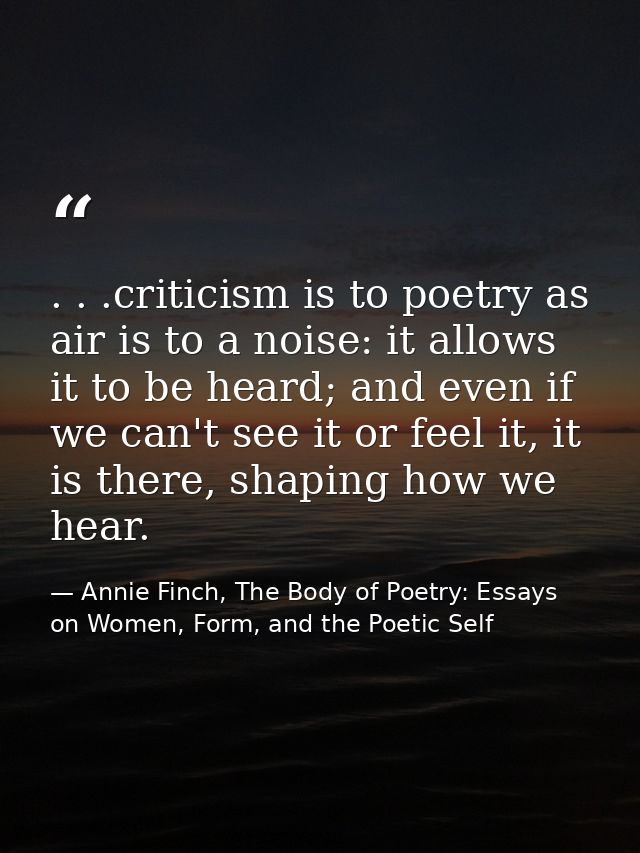 . . .criticism is to poetry as air is to a noise: it allows it to be heard; and even if we can't see it or feel it, it i — Annie Finch, The Body of Poetry: Essays on Women, Form, and the Poetic Self