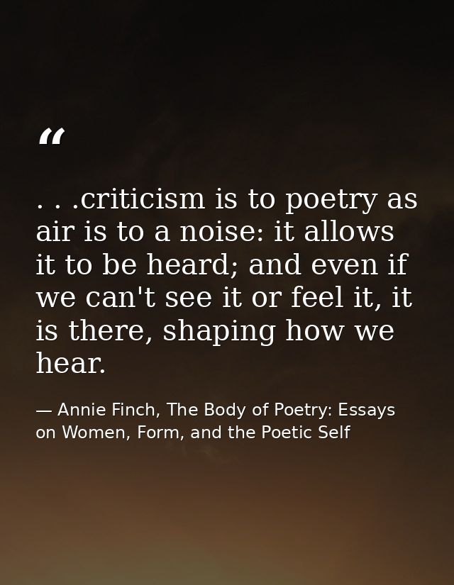 . . .criticism is to poetry as air is to a noise: it allows it to be heard; and even if we can't see it or feel it, it i — Annie Finch, The Body of Poetry: Essays on Women, Form, and the Poetic Self
