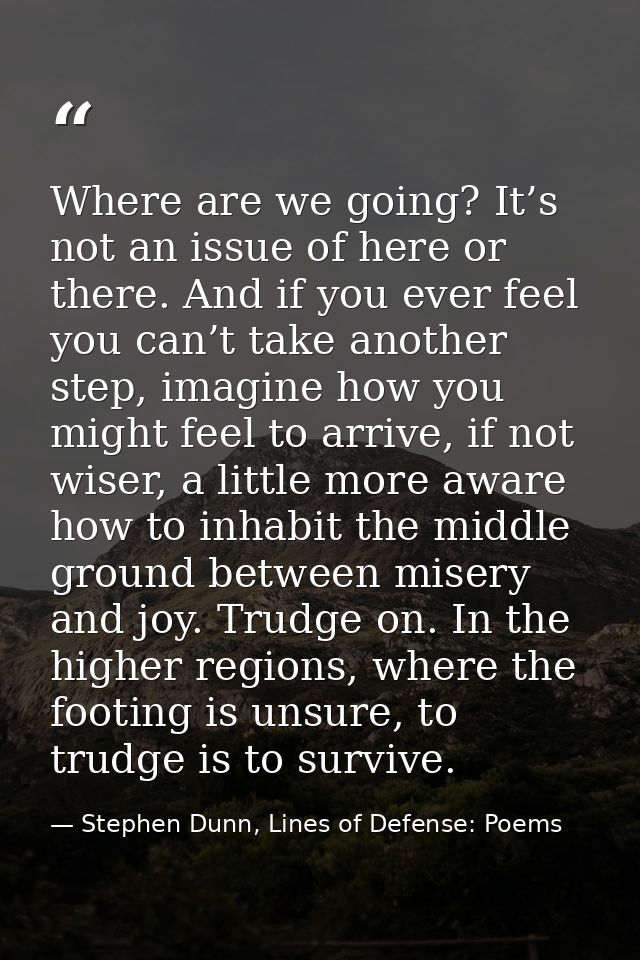 Where are we going? It’s not an issue of here or there. And if you ever feel you can’t take another step, imagine how yo — Stephen Dunn, Lines of Defense: Poems