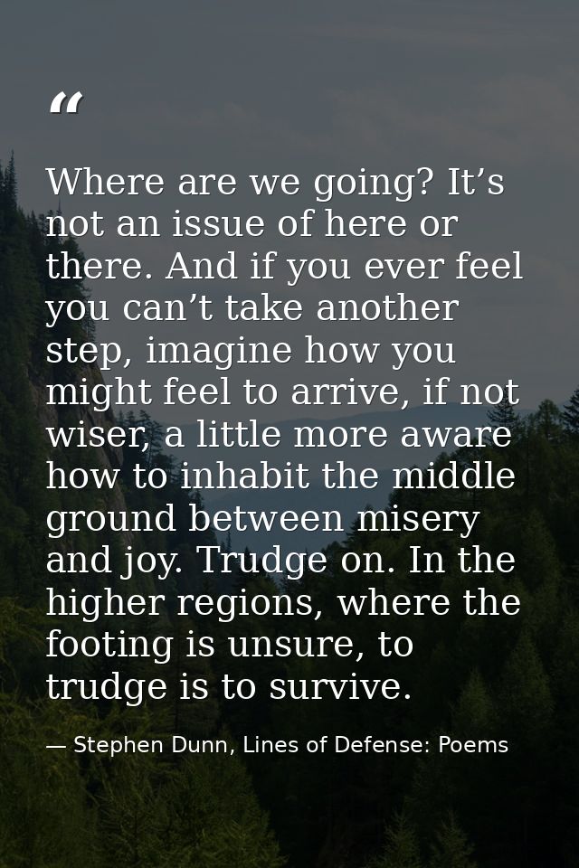 Where are we going? It’s not an issue of here or there. And if you ever feel you can’t take another step, imagine how yo — Stephen Dunn, Lines of Defense: Poems