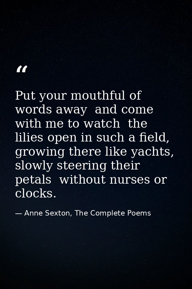 Put your mouthful of words away  and come with me to watch  the lilies open in such a field,  growing there like yachts, — Anne Sexton, The Complete Poems