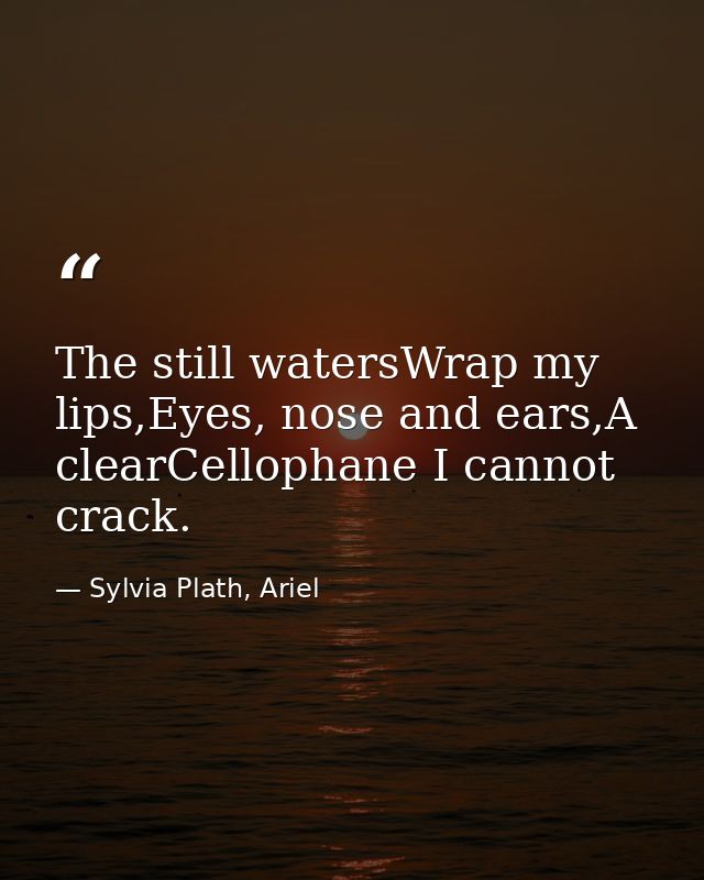 The still watersWrap my lips,Eyes, nose and ears,A clearCellophane I cannot crack. — Sylvia Plath, Ariel
