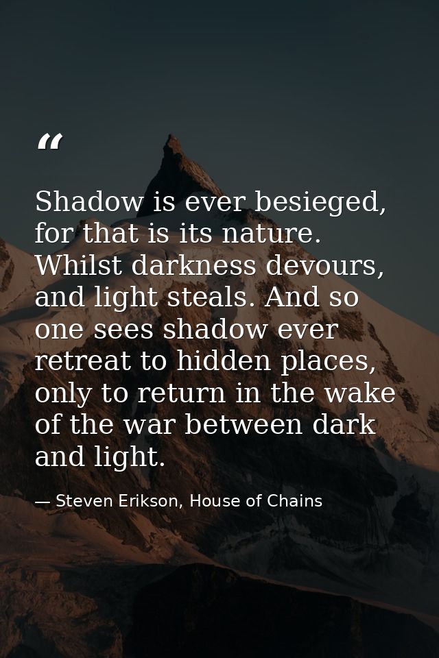 Shadow is ever besieged, for that is its nature. Whilst darkness devours, and light steals. And so one sees shadow ever  — Steven Erikson, House of Chains