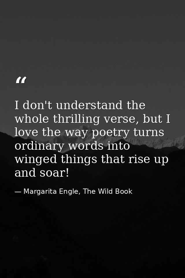 I don't understand the whole thrilling verse, but I love the way poetry turns ordinary words into winged things that ris — Margarita Engle, The Wild Book