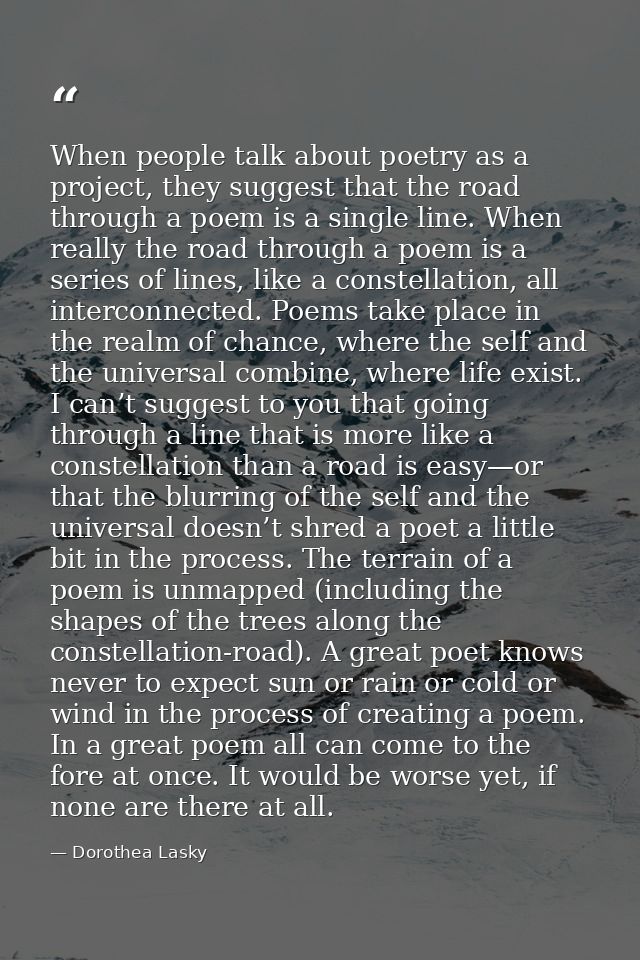 When people talk about poetry as a project, they suggest that the road through a poem is a single line. When really the  — Dorothea Lasky