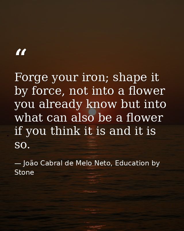 Forge your iron; shape it by force, not into a flower you already know but into what can also be a flower if you think i — João Cabral de Melo Neto, Education by Stone