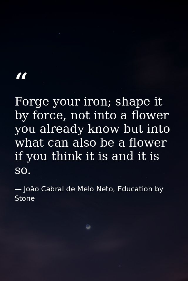 Forge your iron; shape it by force, not into a flower you already know but into what can also be a flower if you think i — João Cabral de Melo Neto, Education by Stone