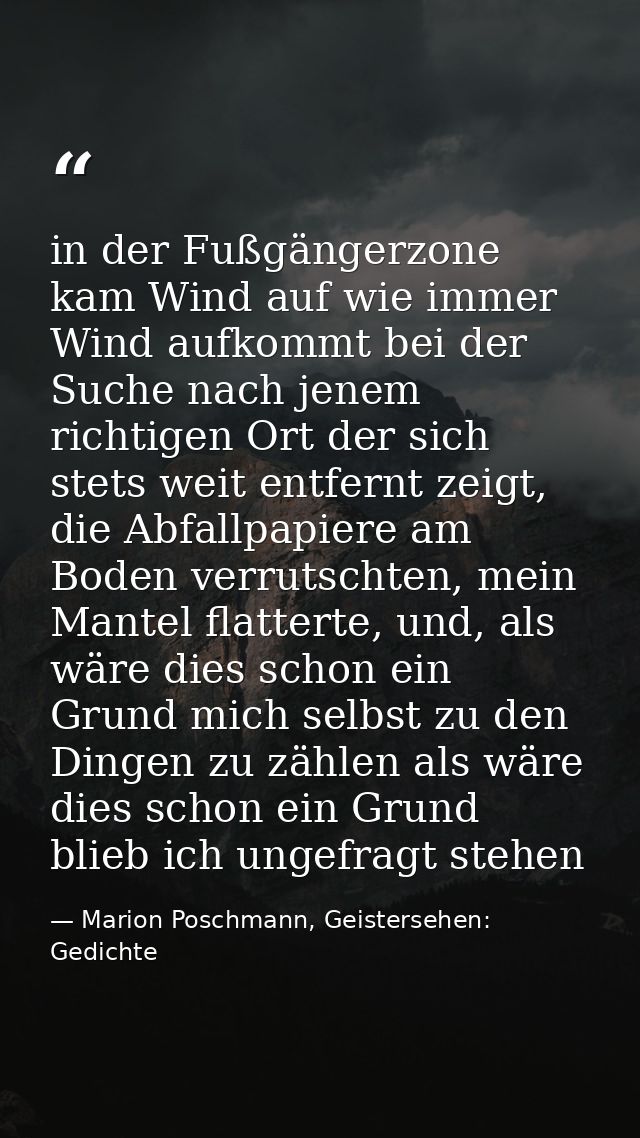 in der Fußgängerzone kam Wind auf wie immer Wind aufkommt bei der Suche nach jenem richtigen Ort der sich stets weit ent — Marion Poschmann, Geistersehen: Gedichte