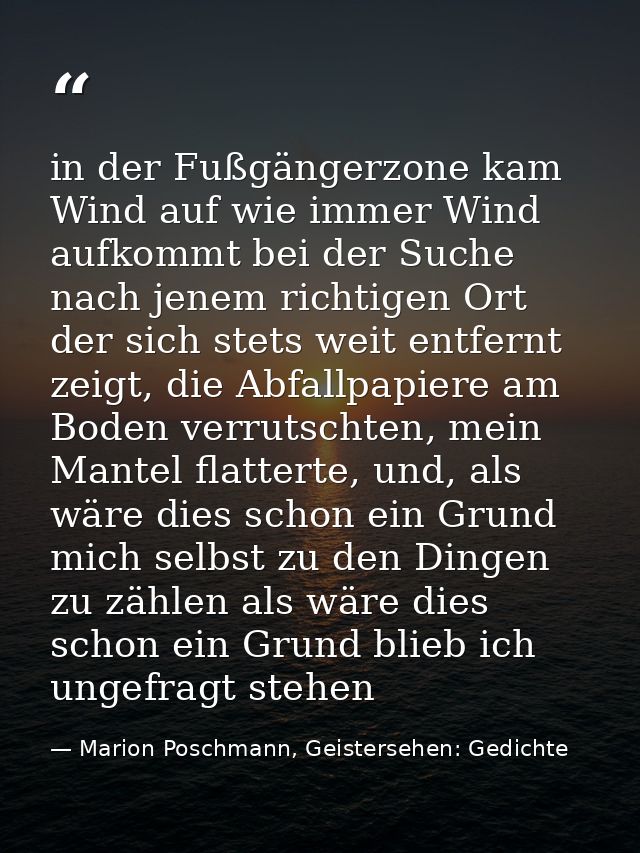 in der Fußgängerzone kam Wind auf wie immer Wind aufkommt bei der Suche nach jenem richtigen Ort der sich stets weit ent — Marion Poschmann, Geistersehen: Gedichte