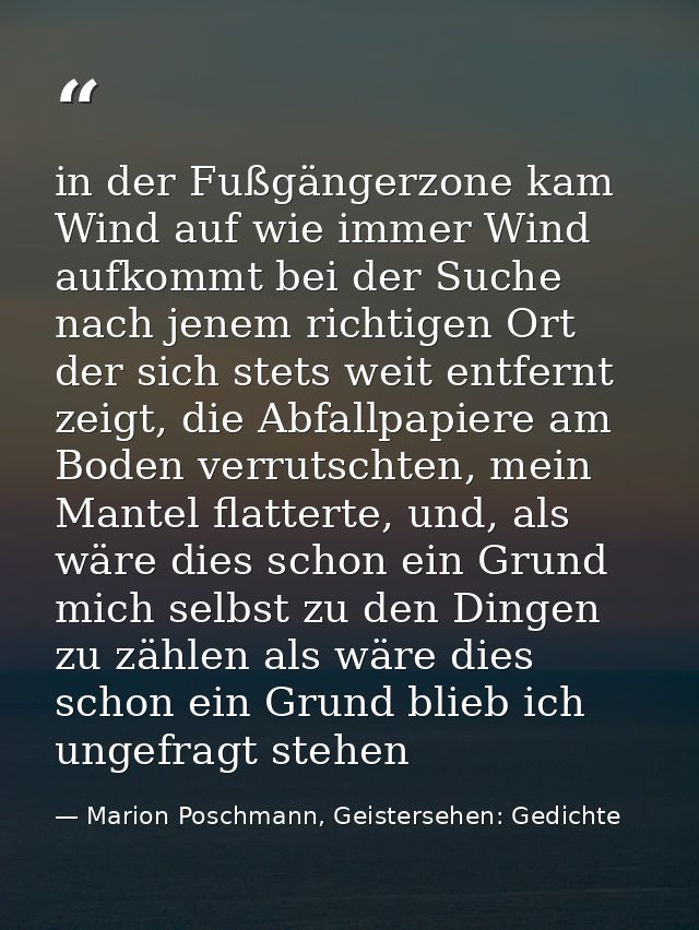 in der Fußgängerzone kam Wind auf wie immer Wind aufkommt bei der Suche nach jenem richtigen Ort der sich stets weit ent — Marion Poschmann, Geistersehen: Gedichte