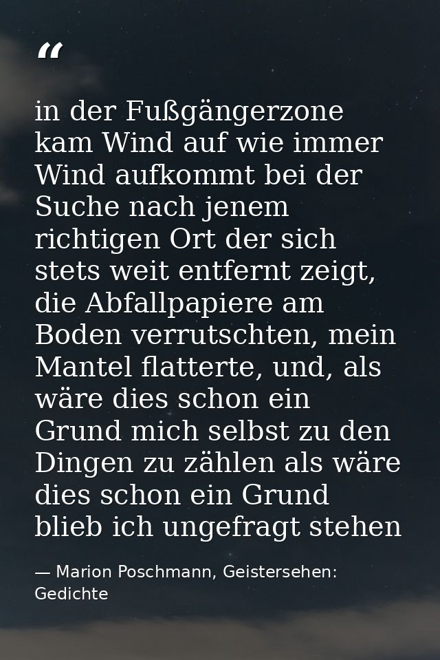 in der Fußgängerzone kam Wind auf wie immer Wind aufkommt bei der Suche nach jenem richtigen Ort der sich stets weit ent — Marion Poschmann, Geistersehen: Gedichte