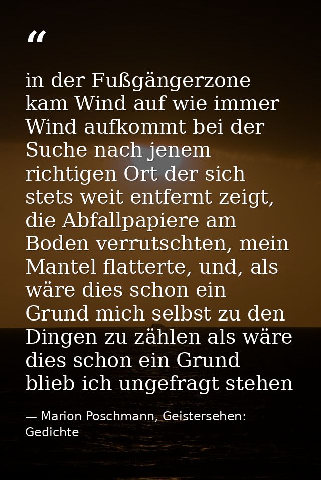 in der Fußgängerzone kam Wind auf wie immer Wind aufkommt bei der Suche nach jenem richtigen Ort der sich stets weit ent — Marion Poschmann, Geistersehen: Gedichte