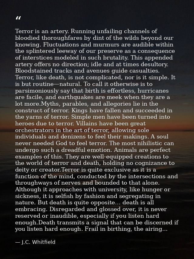 Terror is an artery. Running unfailing channels of bloodied thoroughfares by dint of the wilds beyond our knowing. Fluct — J.C. Whitfield